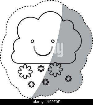 monochrome Kontur Aufkleber mit lächelnden Cumulus Wolken und Schnee fallen Stock Vektor