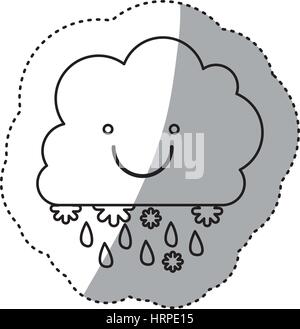 monochrome Kontur Aufkleber mit lächelnden Cumulus Wolken mit Regen Stock Vektor