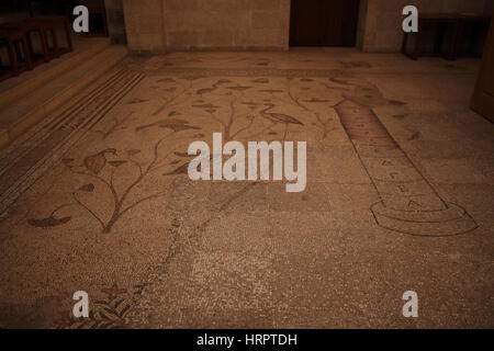 Eine byzantinische Mosaik-Fußboden Künstler beeinflusst von ägyptischen Nil Bereich Kunst Darstellung Feuchtgebiet Vögel und Pflanzen, die Lotus enthalten. Tabgha, Israel. Stockfoto