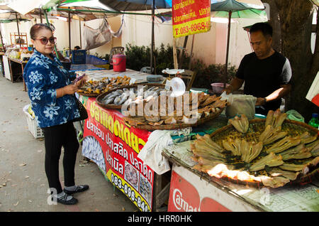 Thais Eigentümer Verkauf getrocknet roh Snakehead Fisch und Fischkonserven Gourami für Personen im Dorfladen im Tempel Wat Muang am 25. Januar 2017 in Ang Tho Stockfoto