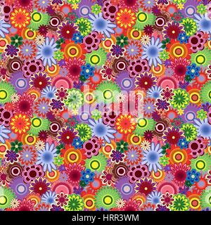 Leuchtend bunte Blüten in fröhlichen Farben, nahtlose Vektormuster Stock Vektor