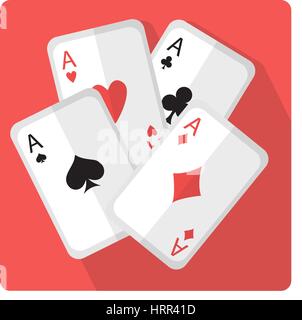 Spielkarten mit Assen Symbol flach Stil mit langen Schatten, isoliert auf weißem Hintergrund. Vektor-illustration Stock Vektor