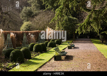 Großbritannien, England, Cheshire, Gelehrter grün, Rode Hall, Gärten im Winter Hecke und Sitze im parterre Stockfoto