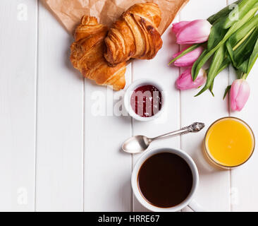 Delicious breakfast on the white table. Top view Stockfoto