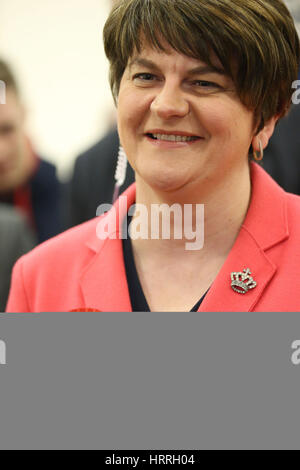 Arlene Foster, Führer der Democratic Unionist Party, bei der Zählung von Omagh Center während der Northern Ireland Assembly Wahl. Stockfoto