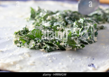 Hausgemachte Phyllo oder Strudel Teig mit Käse und Spinat auf einer home Tischdecke für Burek Käsekuchen oder andere Art von traditionellem Gebäck bereit. Stockfoto