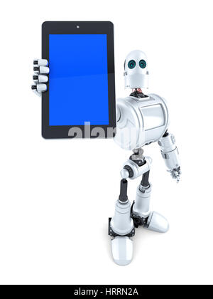 Roboter mit Touchscreen-Handy. Isoliert auf weiß. Clipping-Pfad enthält Stockfoto