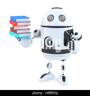 Roboter mit Büchern. Isoliert auf weiss. Clipping-Pfad enthält Stockfoto