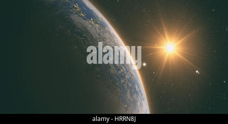 Orange Sonnenaufgang über der Erde vom Weltraum aus gesehen. Mit Mond und Sternen Hintergrund. Stockfoto