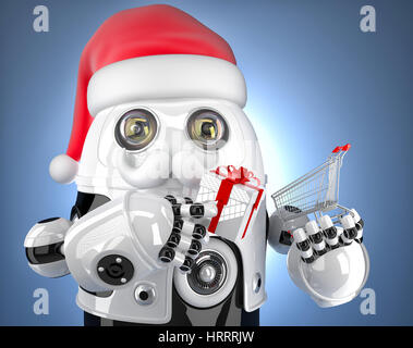 Roboter-Santa hält einen Einkaufswagen. Weihnachten-Konzept. Clipping-Pfad enthält Stockfoto