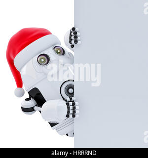 Roboter-Santa auf weiße Fahne zeigen. Isoliert auf weiß. Clipping-Pfad enthält Stockfoto