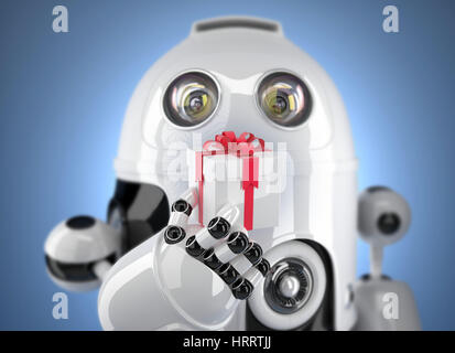 Roboter mit Geschenk-Box. 3D Render mit DOF Wirkung. Technologie-Konzept Stockfoto