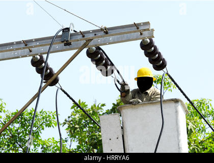 Nahaufnahme eines Elektrikers ist Elektroantrieb auf eine elektrische Pole aus Aufzug Eimer in der Nähe der Bäume reparieren. Stockfoto