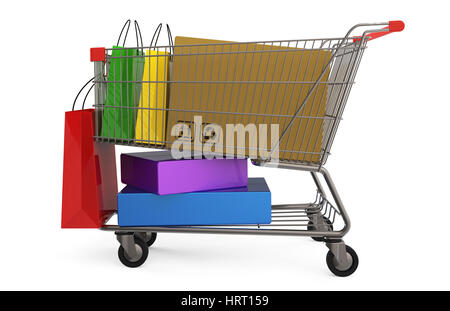 Warenkorb mit Einkaufstüten isoliert auf weißem Hintergrund 3D-Rendering Stockfoto