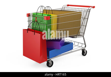 Warenkorb mit Einkaufstüten isoliert auf weißem Hintergrund 3D-Rendering Stockfoto