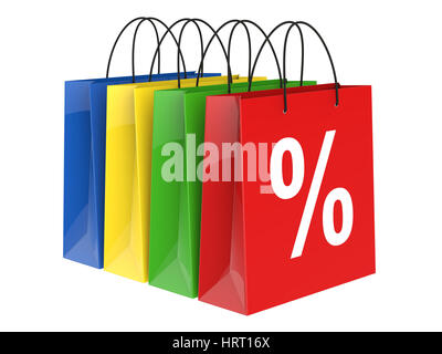Einkaufstaschen mit Prozent isoliert auf weißem Hintergrund 3D-Rendering Stockfoto