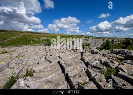 Wanderer auf der Oberseite der Kalkstein Pflaster bei Malham Cove North Yorkshire Stockfoto