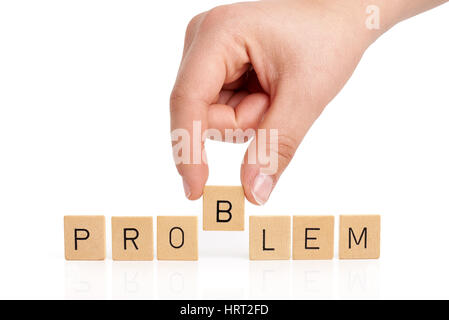 Hand baut das Wort Problem auf weißem Hintergrund Stockfoto