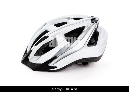 Weißer Fahrradhelm auf weißem Hintergrund Stockfoto