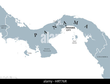 Panama politische Karte mit Hauptstadt Panama-Stadt, Landesgrenzen, Nachbarländern und den Panama-Kanal. Republik in Nord- und Mittelamerika. Stockfoto