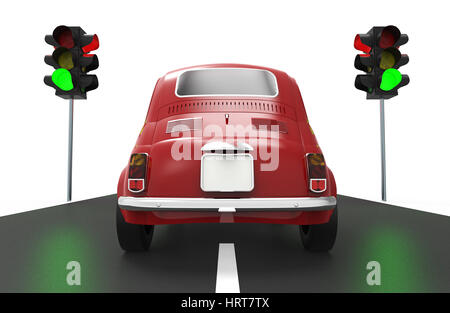 Kleines Auto vor einer grünen Ampel auf weißem Hintergrund 3D-Rendering Stockfoto