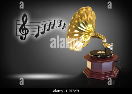 Altes Grammophon mit Musiknoten 3D-Rendering Stockfoto