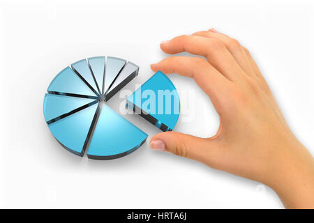 Kreisdiagramm mit Hand auf weißem Hintergrund 3D-Rendering Stockfoto