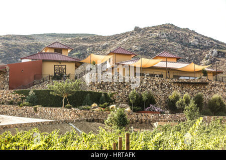 Ansichten des Valle De Guadalupe in Mexiko über die Ruta del Vino. Las Nubes Weingut. Stockfoto