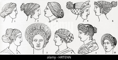 Nummern 1 bis 8 griechische Frisuren. Nummern 9 und 10 römische Frisuren.  Aus Meyers Lexikon veröffentlicht 1927. Stockfoto
