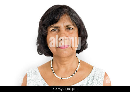 Einsame ältere Erwachsene Frau traurig Langeweile Ausdruck Konzept Stockfoto