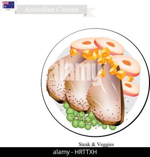 Australische Küche, Illustration von traditionellen gegrilltes Steak & Gemüse. Ein berühmtes Gericht von Australien. Stock Vektor