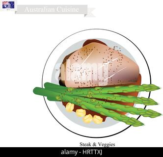 Australische Küche, Illustration von traditionellen gegrilltes Steak & Gemüse. Ein berühmtes Gericht von Australien. Stock Vektor