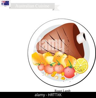 Australische Küche, Illustration von traditionellen Lammbraten Beine mit Kraut. Ein beliebtes Gericht von Australien. Stock Vektor