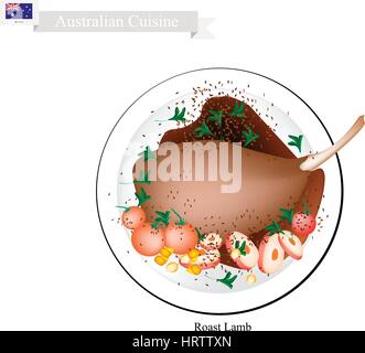 Australische Küche, Illustration von traditionellen Lammbraten Beine mit Kraut. Ein beliebtes Gericht von Australien. Stock Vektor