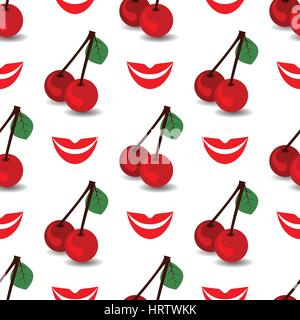 Nahtlose Muster von Kirsche und Lippen. Konzept der Erholung und Unterhaltung. Abbildung. Verwenden Sie ein Smartphone, Website, Druck, Dekoration etc... Stock Vektor
