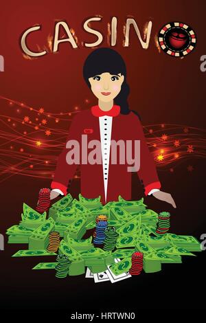 Mädchen-Händler Casino Geld. Konzept der Bildung. Abbildung. Verwenden Sie ein Smartphone, Website, Druck, Dekoration etc. Stock Vektor