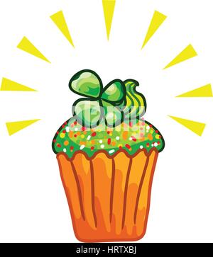 Grüne Cupcake und vier-Blatt Klee Zweig am oberen, skizzenhaften Abbildung. Happy St Patricks Day. Vektor-Design-Element, handgezeichnete Kuchen Clipart isoliert Stock Vektor