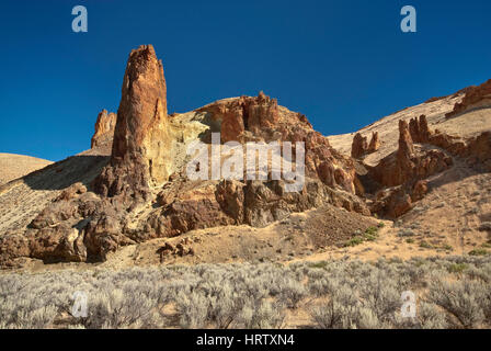 Vulkanischen Rhyolith Felsformationen in Leslie Gulch nahe Owyhee See, Mahagoni Berg Caldera, hohe Wüste Region, Oregon, USA Stockfoto