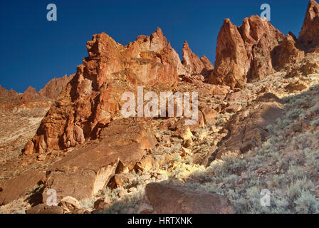 Vulkanischen Rhyolith Felsformationen in Leslie Gulch nahe Owyhee See, Mahagoni Berg Caldera, hohe Wüste Region, Oregon, USA Stockfoto