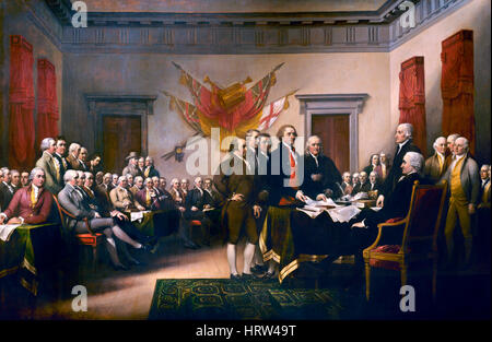 Die Unterzeichnung der Unabhängigkeitserklärung der Vereinigten Staaten im Jahre 1776. Gemälde von John Trumbull im Capitol Rotunde, Washington DC. Stockfoto