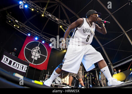 BENICASSIM, Spanien - JUL 19: Public Enemy (Hip-Hop-Gruppe) im Konzert am FIB Festival am 19. Juli 2015 in Benicassim, Spanien. Stockfoto