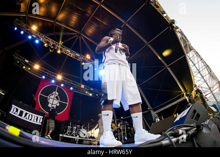 BENICASSIM, Spanien - JUL 19: Public Enemy (Hip-Hop-Gruppe) im Konzert am FIB Festival am 19. Juli 2015 in Benicassim, Spanien. Stockfoto