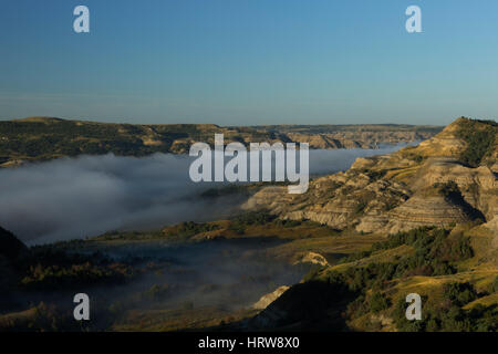 Little Missouri River abgedeckt im Nebel vom Fluss übersehen, Theodore-Roosevelt-Nationalpark, ND, USA Stockfoto