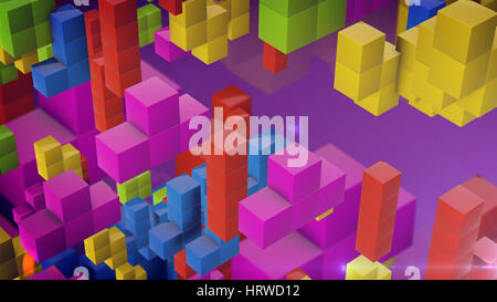 Fallenden Tetris-Blöcke-Stil. Mehrfarbige fallenden Blöcke. Hintergrund aus Tetris-Spiel-Elemente erstellt. 3D-Rendering. Stockfoto