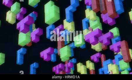 3D-Blöcke von Retro-Spiel Tetris auf einem verblichenen Bildschirm. 3D-Rendering. Stockfoto