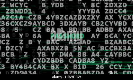 Eine grüne Wort Kennwort in Mitte des abstrakten Datencode. Security-Technologie-Konzept. 3D Illustration. Stockfoto