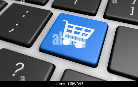 Online-Shop und e-Commerce-Konzept mit shopping Warenkorb-Icon auf der Computertastatur. Stockfoto