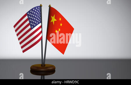 Vereinigte Staaten von Amerika Flagge und Chinese Desk Fahnen 3D Illustration. Stockfoto