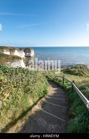 Stufen führen hinunter zum Strand an der Selwicks Bucht, Flamborough Head, North Yorkshire, England. Stockfoto