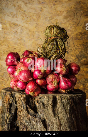 Stillleben mit Schalotten, rote Zwiebeln auf das Holz. Stockfoto